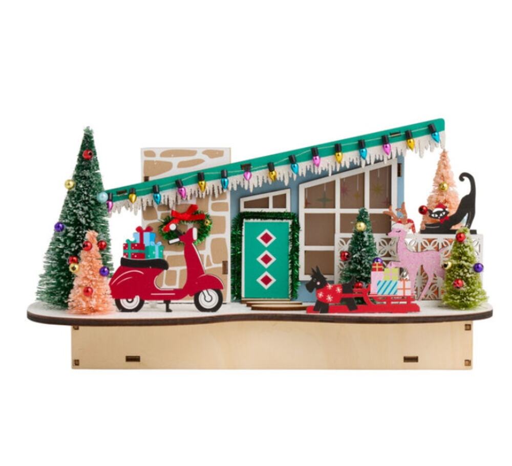 Mid Century Christmas Village Laser Cut Wood Scooter House LED Light Up Decor